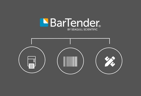 BarTender Logo med etikettdesign ikon, strekkode ikon og blyant og viskelær ikon