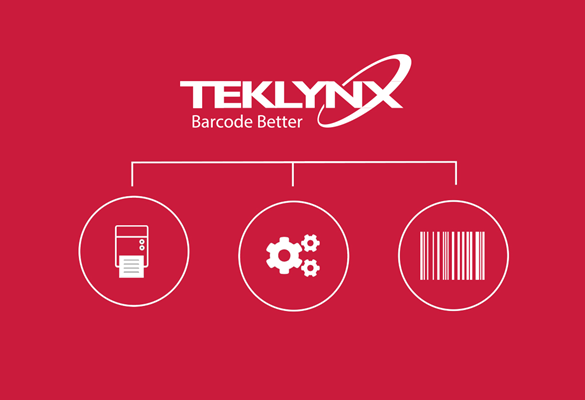 Hvit Teklynx-logo på rød bakgrunn med tre ikoner av en skriver, tannhjul og strekkode som forgrener seg