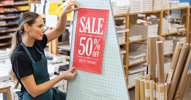 En kvinne henger opp et salgsskilt i butikken
